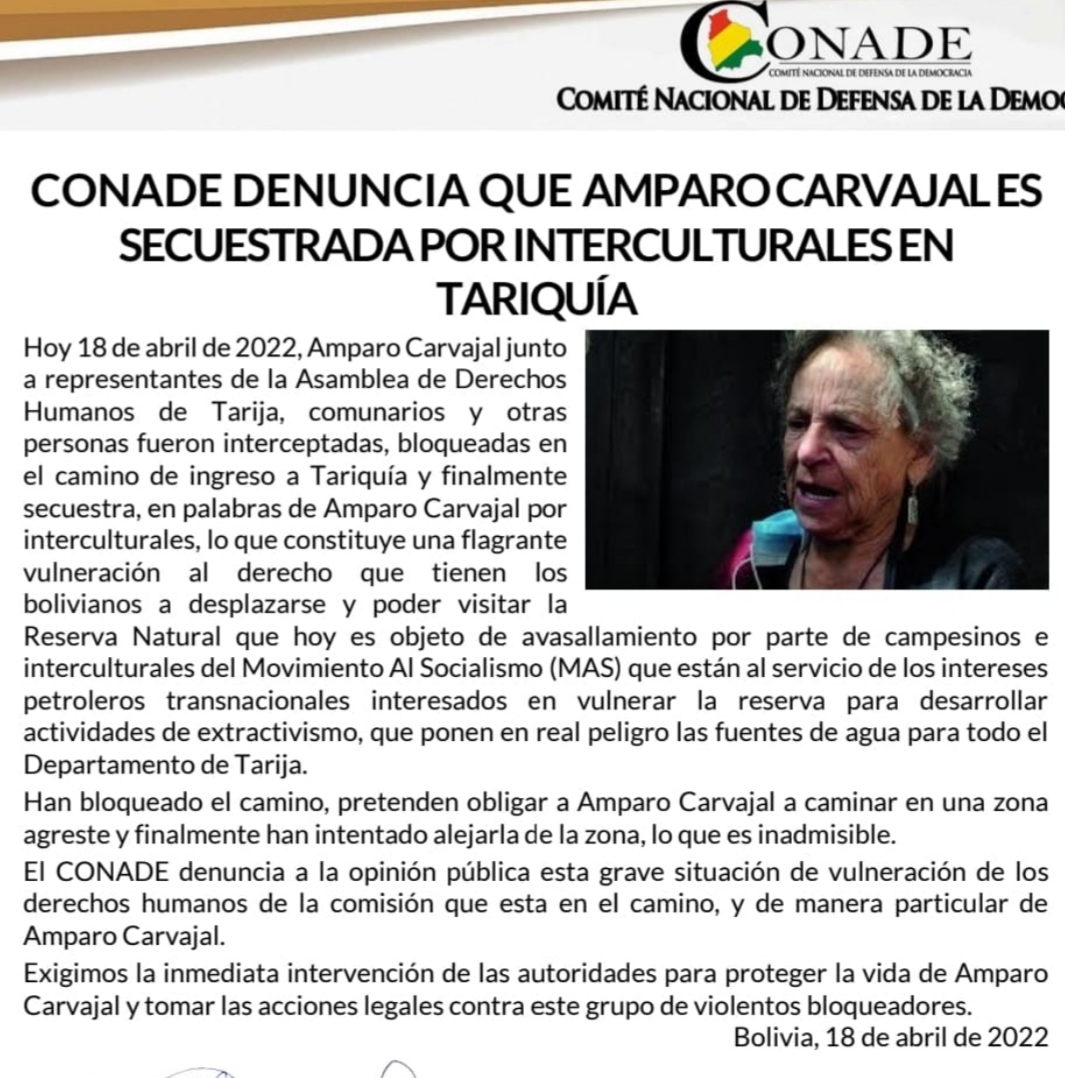 Denuncian que Amparo Carvajal fue secuestrada por interculturales de Tariquía